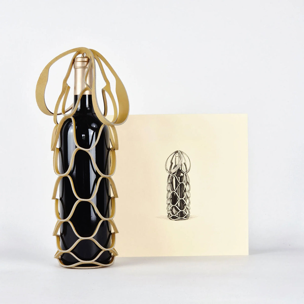 Single-Bottle Leather Mesh Carrier - Camel