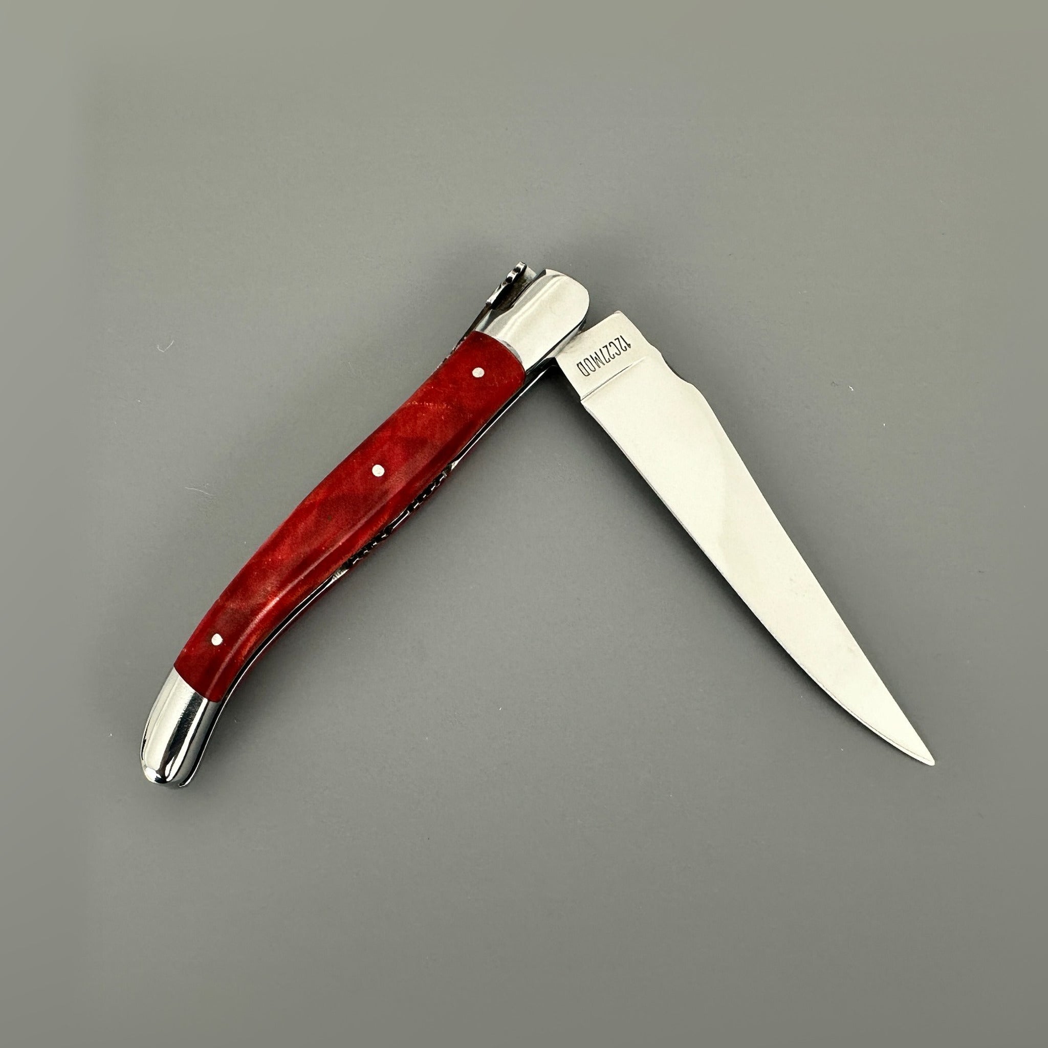 Laguiole en Aubrac Hand Carved Folding Knife, Red Stabilized Poplar Burl